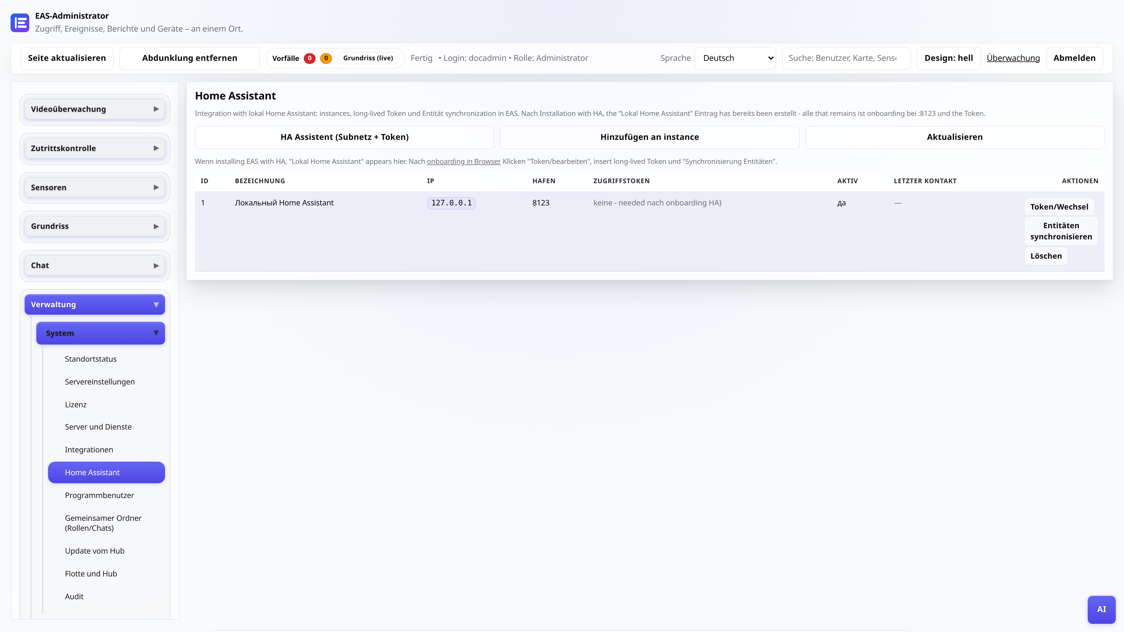 Registerkarte „Home Assistant“ im EAS-Administrationsbereich – Token und Synchronisierung