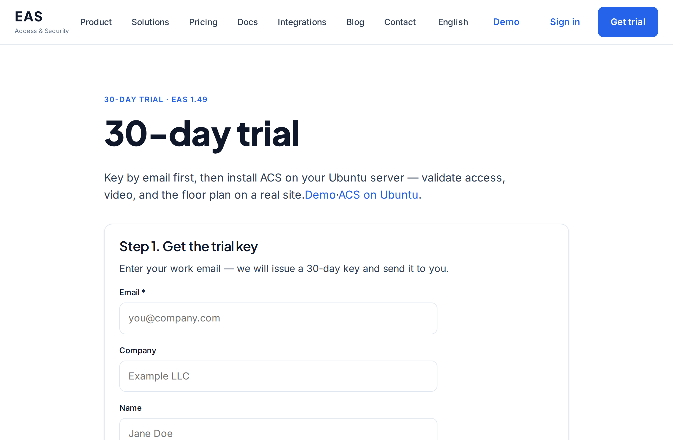 EAS trial page — install command