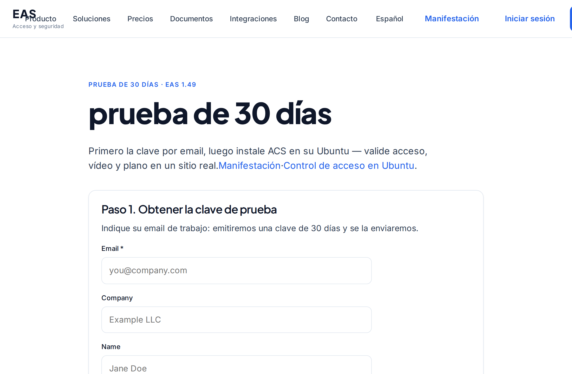 Página de prueba EAS — comando de instalación