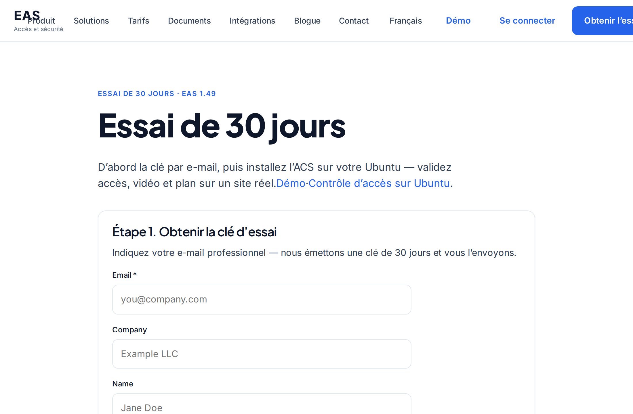 Page d’essai EAS — commande d’installation