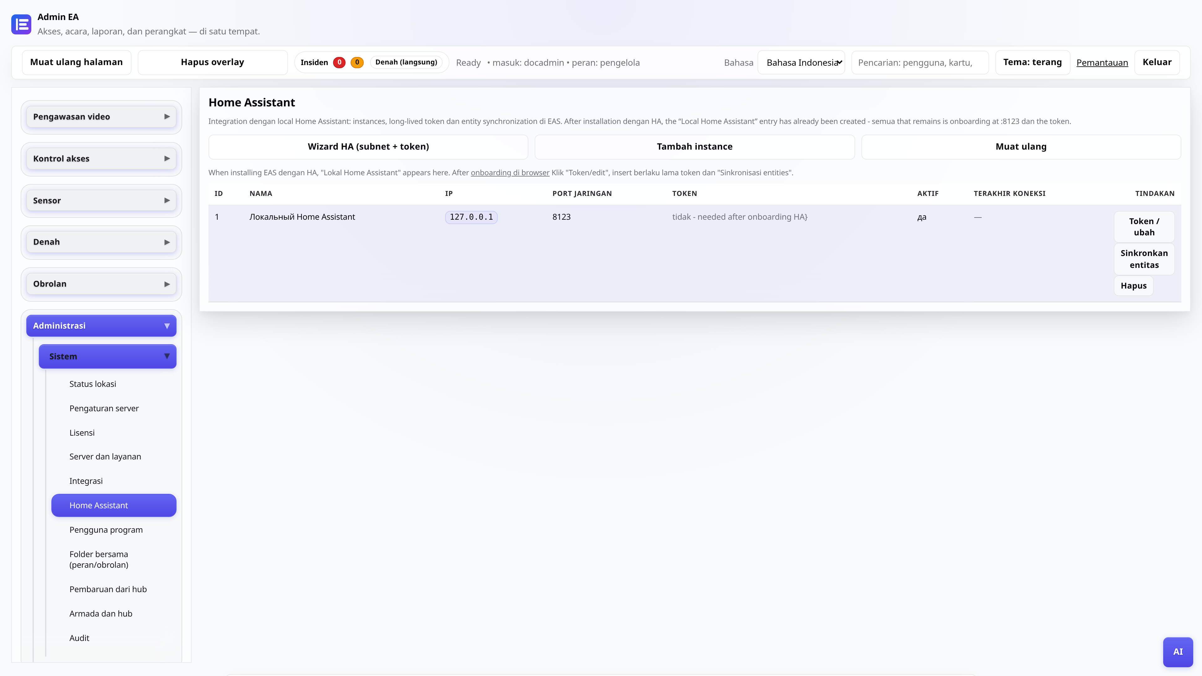 Tab Home Assistant di admin EAS