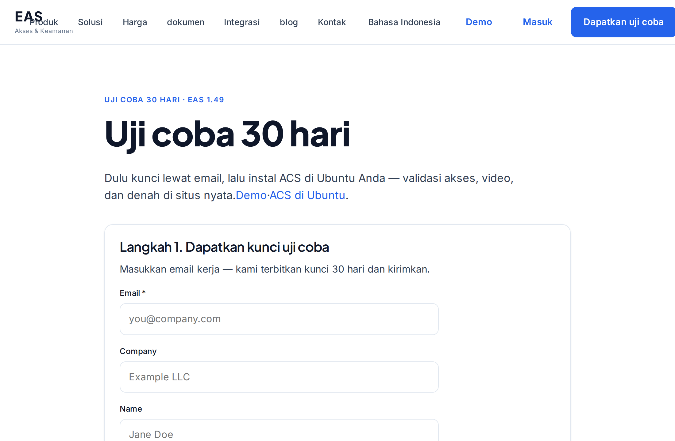 Halaman uji coba EAS — perintah instalasi