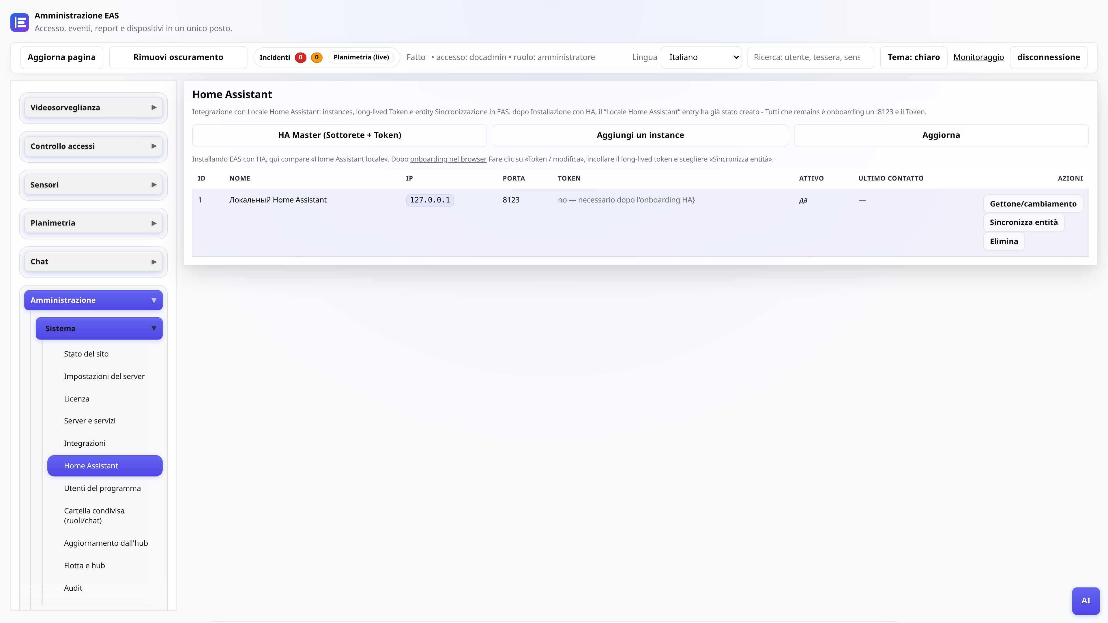 Scheda Home Assistant nel pannello di amministrazione di EAS: token e sincronizzazione
