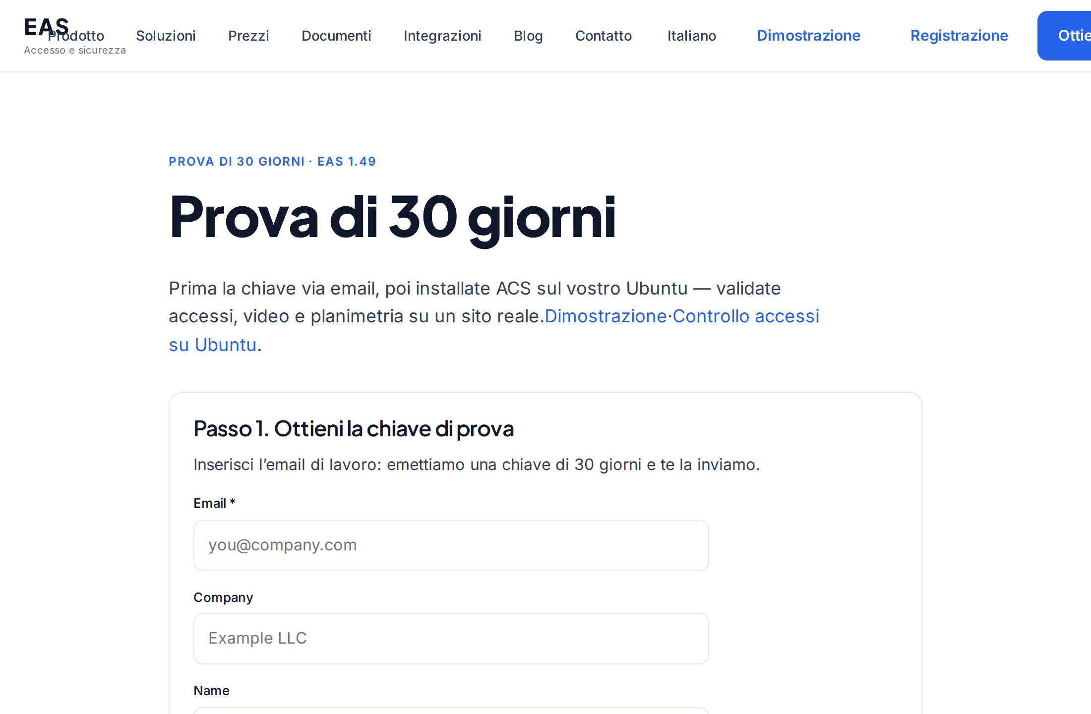 Pagina prova EAS — comando di installazione