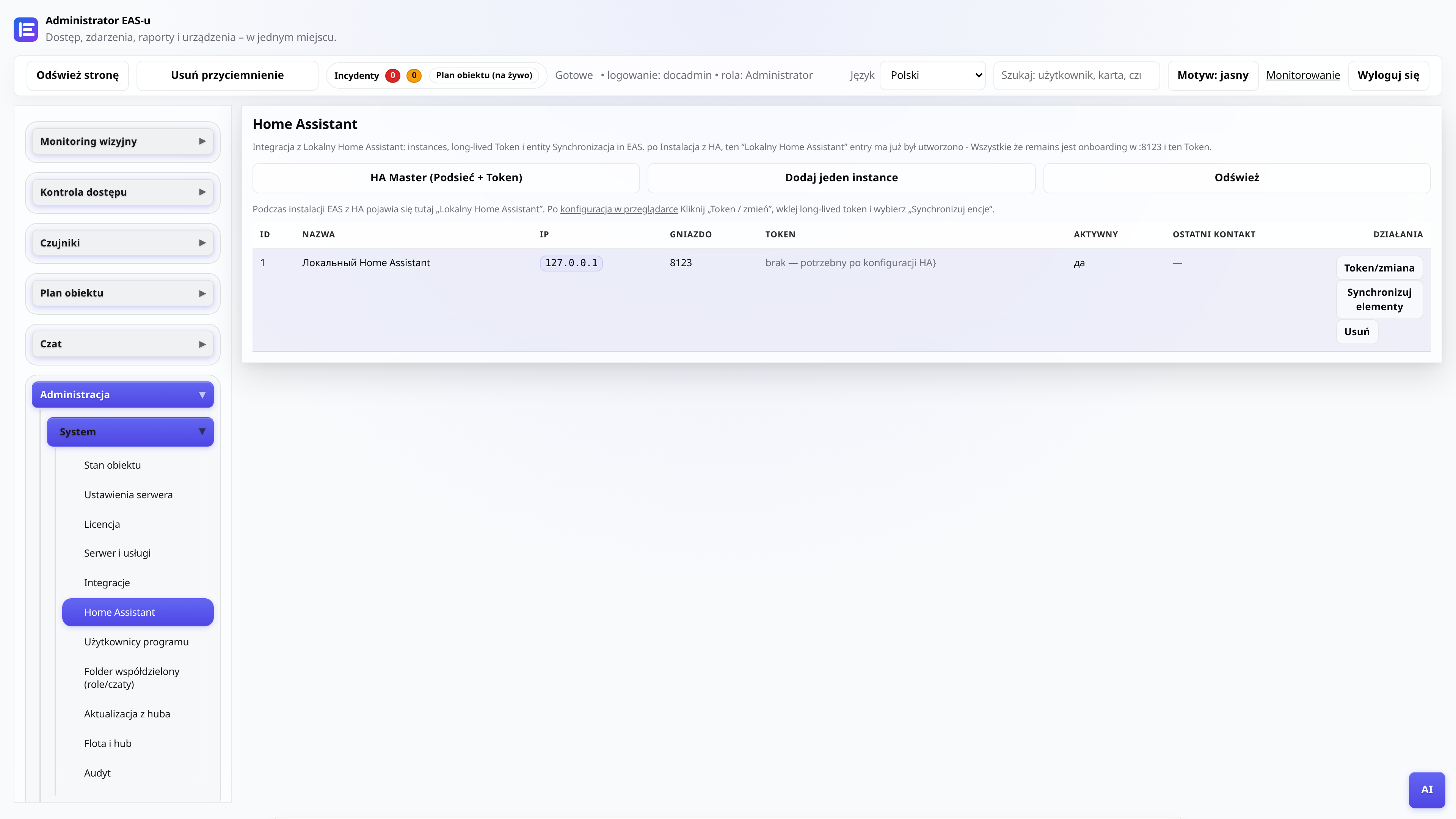 Zakładka Home Assistant w panelu administracyjnym EAS - token i synchronizacja