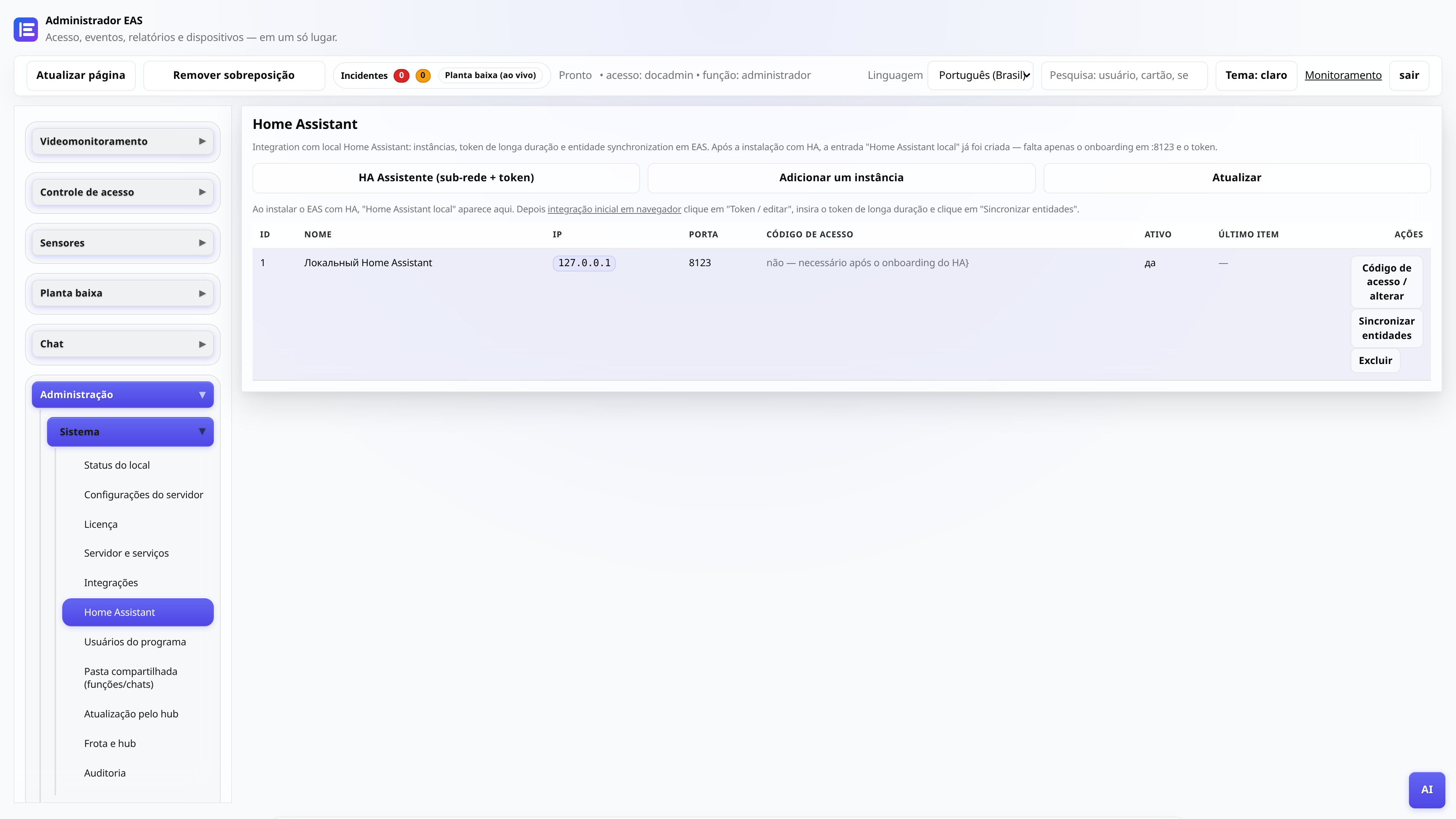 Guia Home Assistant no painel de administração EAS - token e sincronização