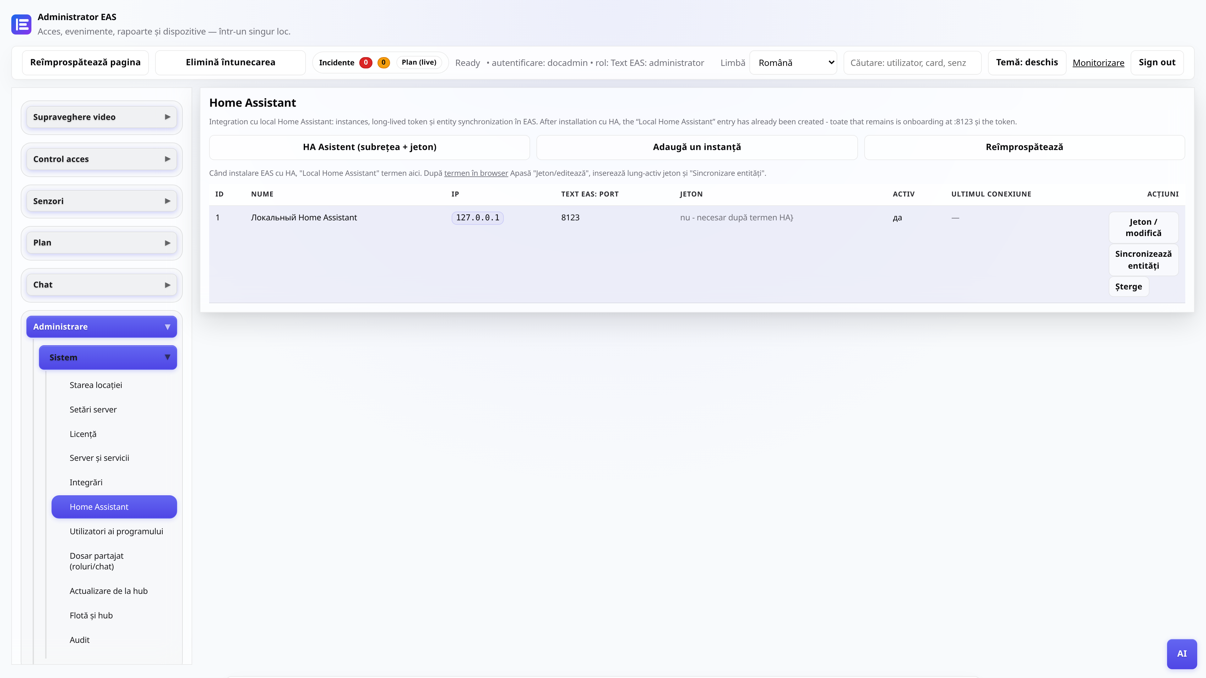 Fila Home Assistant din panoul de administrare EAS - simbol și sincronizare