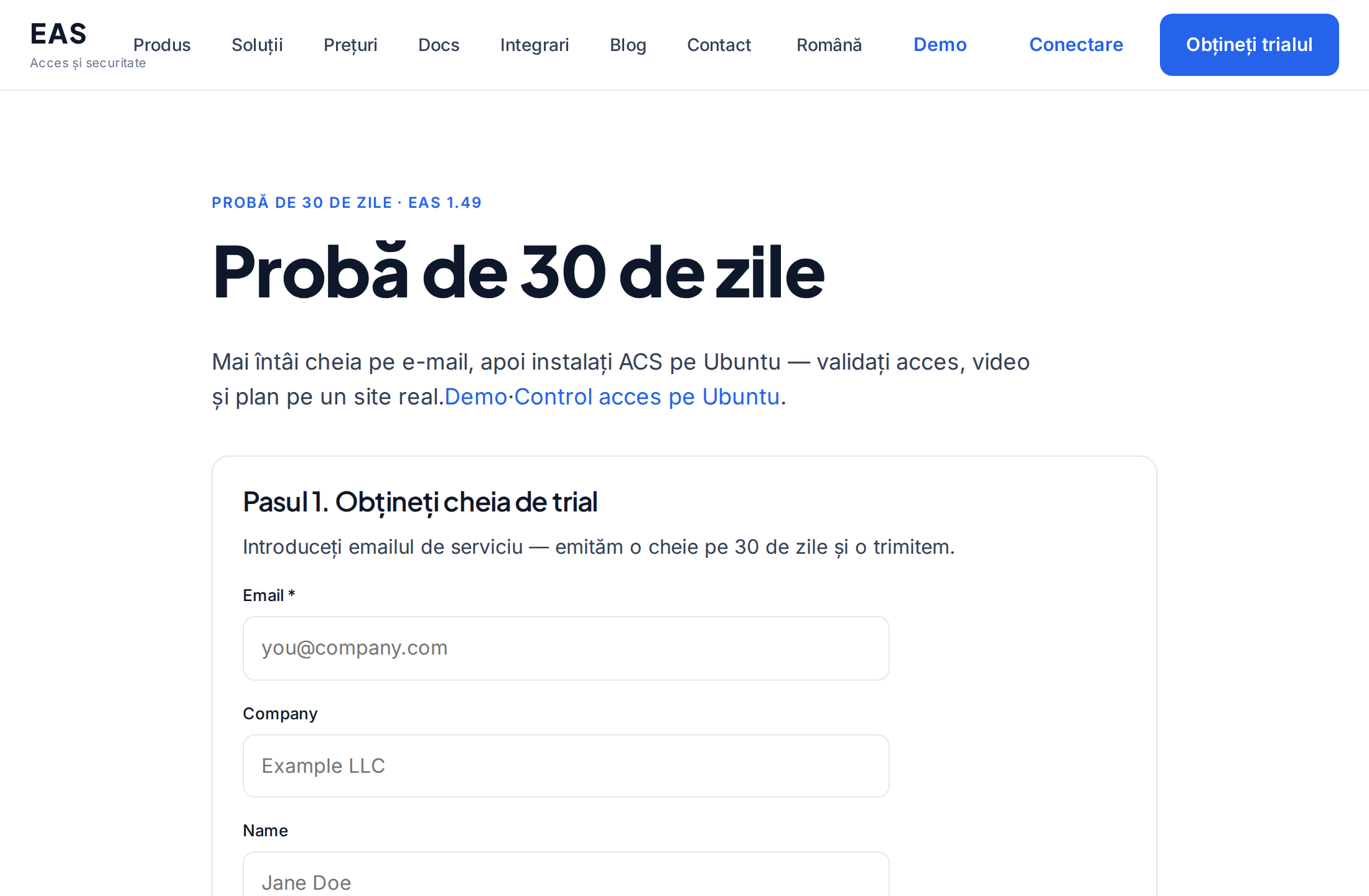 Pagina trial EAS — comanda de instalare
