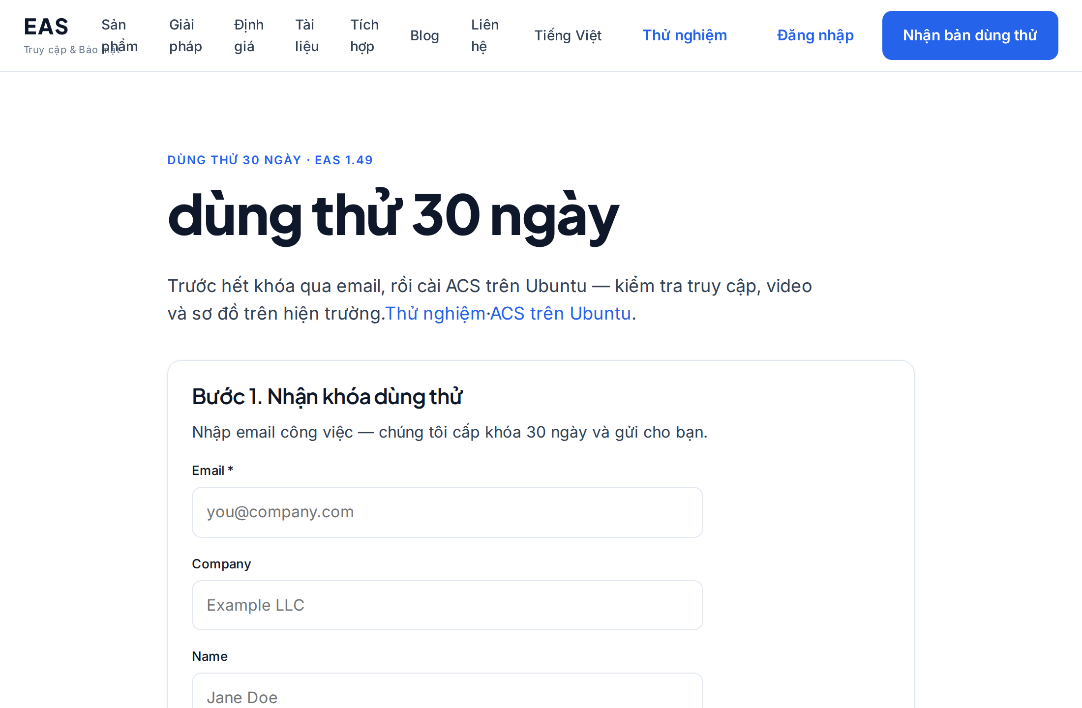 Trang dùng thử EAS — lệnh cài đặt